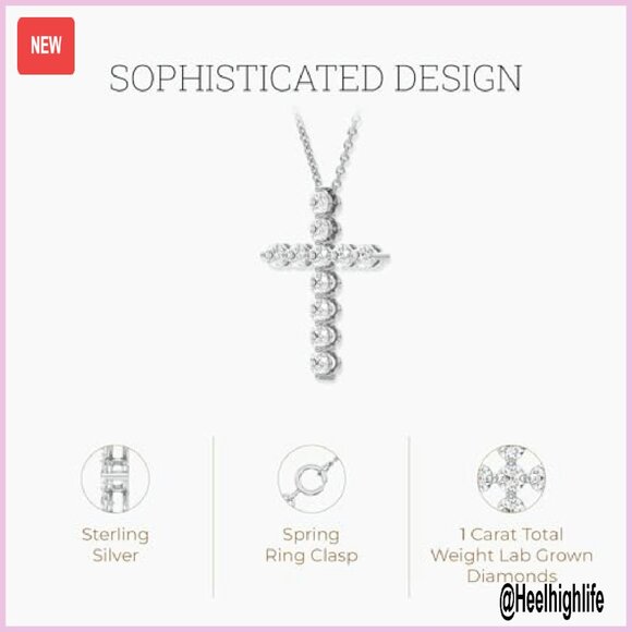1ct Lab Diamond Cross Pendant Necklace, Sterling Silver, 18in Chain - Picture 3 of 8